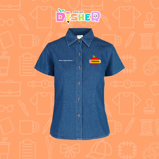 CBMC-D-084: Camisa Bordada Mezclilla Manga Corta Dama  I Manzana preescolar