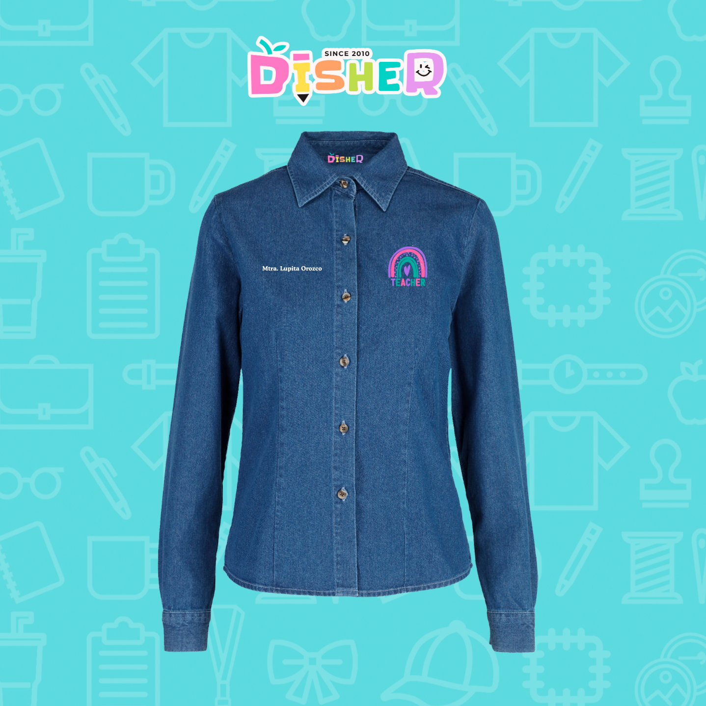 CBML-D-086: Camisa Bordada Mezclilla Manga Larga Dama  I Teacher rainbow