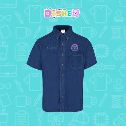 CBMC-C-086: Camisa Bordada Mezclilla Manga Corta Caballero  I Teacher rainbow