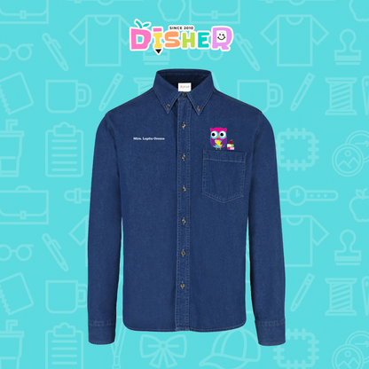 CBML-C-098: Camisa Bordada Mezclilla Manga Larga Caballero  I Búho rosa