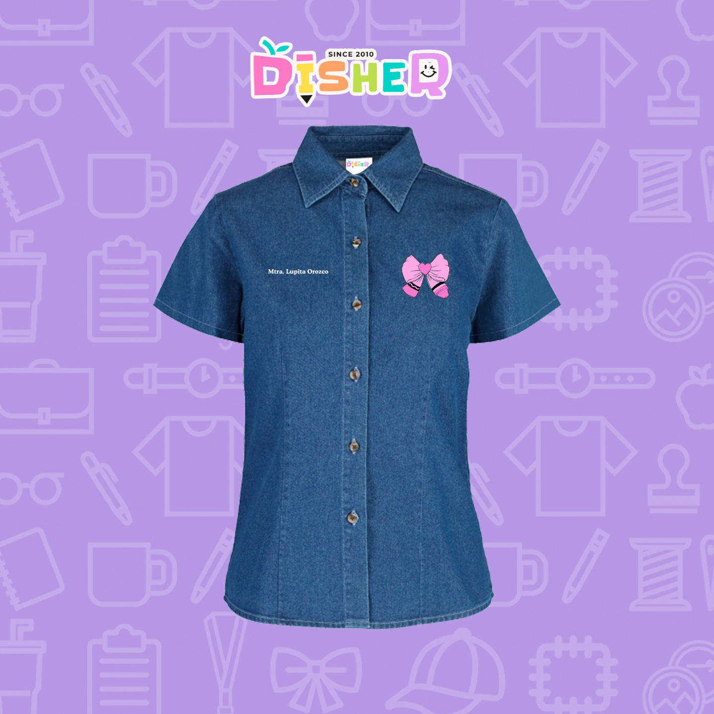 CBMC-D-009 : Camisa Bordada Mezclilla Manga Corta Dama  I  Moño rosa crayón